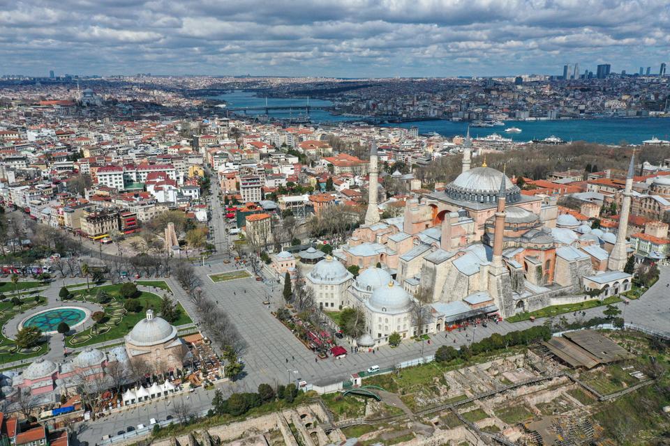 A drone photo shows nearly empty Sultanahmet Square while people stay at their homes as a precautions against coronavirus (Covid-19) in Istanbul, Turkey on March 18, 2020.