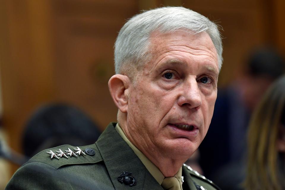 In this March 7, 2019 file photo, U.S. Africa Command Commander Gen. Thomas Waldhauser testifies before the House Armed Services Committee on Capitol Hill in Washington. U.S. Africa Command says new information shows a woman and a child were killed in a U.S. airstrike that was targeting al-Shabab insurgents in Somalia last year.