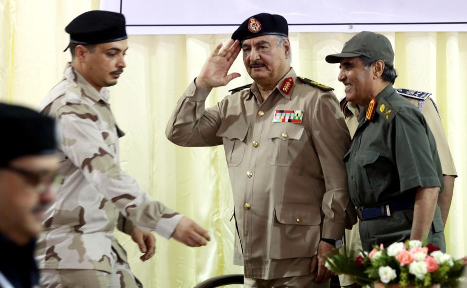 Libyan warlord Khalifa Haftar is pictured, in Benghazi, Libya, October 14, 2017.
