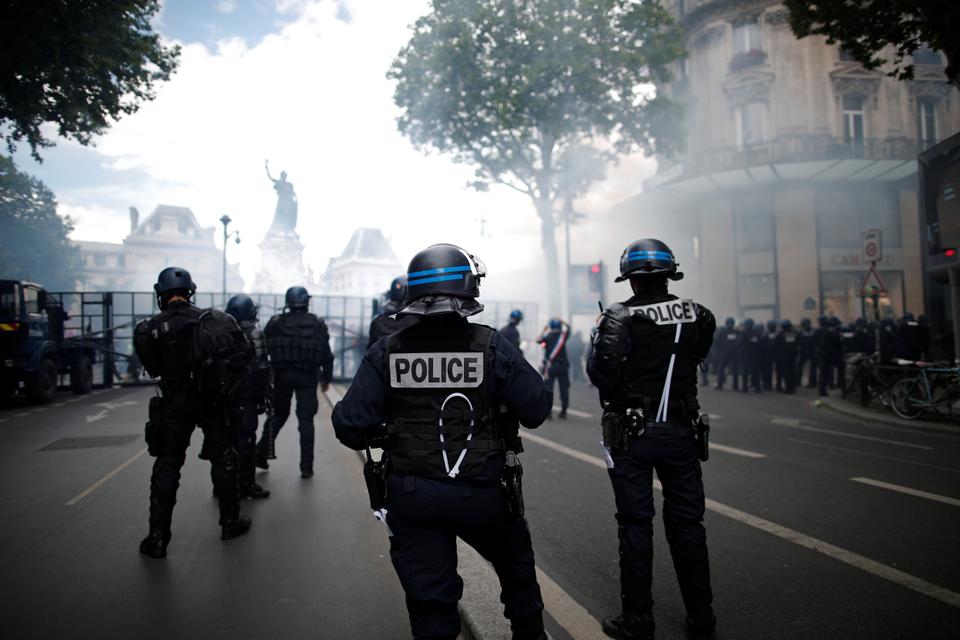 Members of the national Gendarmerie stand guard during a protest against police brutality and the death in Minneapolis police custody of George Floyd, in Paris, France on June 13, 2020.