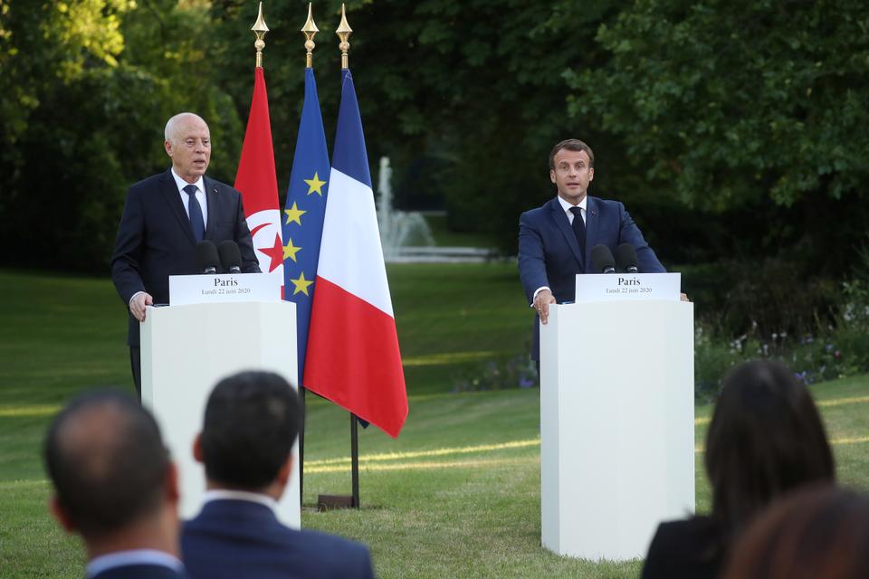 French President Emmanuel Macron and Tunisian President Kais Saied during a joint press conference after their meeting at the Elysee Palace in Paris, France, June 22, 2020.