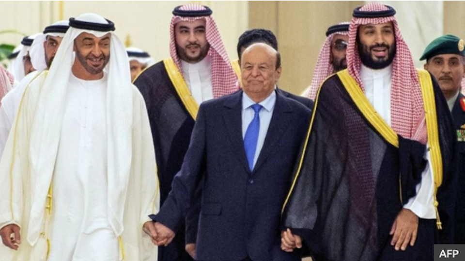 UAE Crown Prince Mohammed bin Zayed, Yemen President Abdrabbuh Mansur Hadi and Saudi Arabia Crown prince Mohammed bin Salman walk together after a power-sharing deal signed between the Yemen government and the Southern Transitional Council in November 2019.