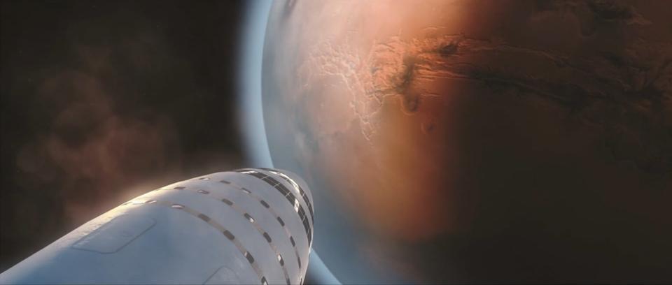 An artist's rendition of the BFS (BFR & Starship) arriving at Mars.