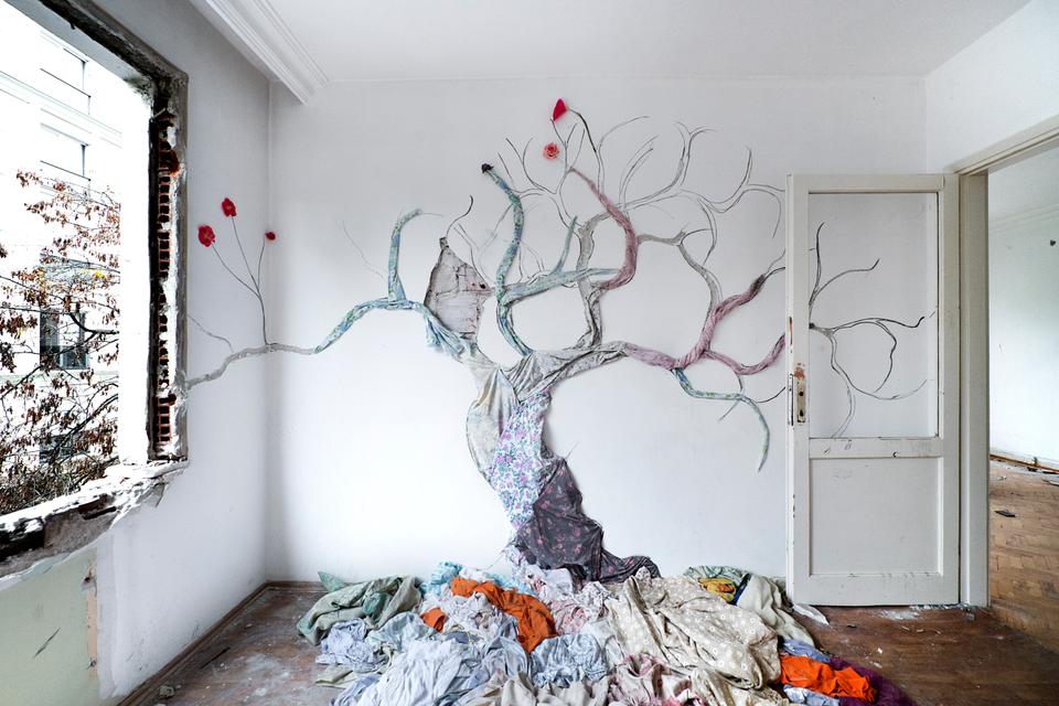 Songul Girgin’s tree was made with found fabrics from the apartment building.