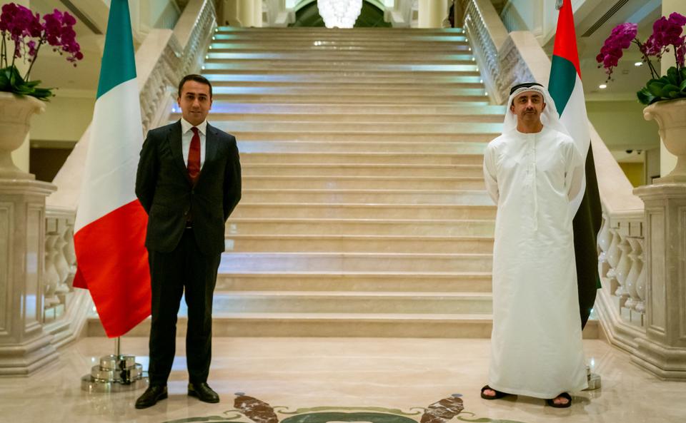 UAE Foreign Minister Sheikh Abdullah bin Zayed Al-Nahyan (R) meeting with Italy's Foreign Minister Luigi Di Maio, in Abu Dhabi in an image provided by UAE News Agency (WAM) on November 9, 2020.