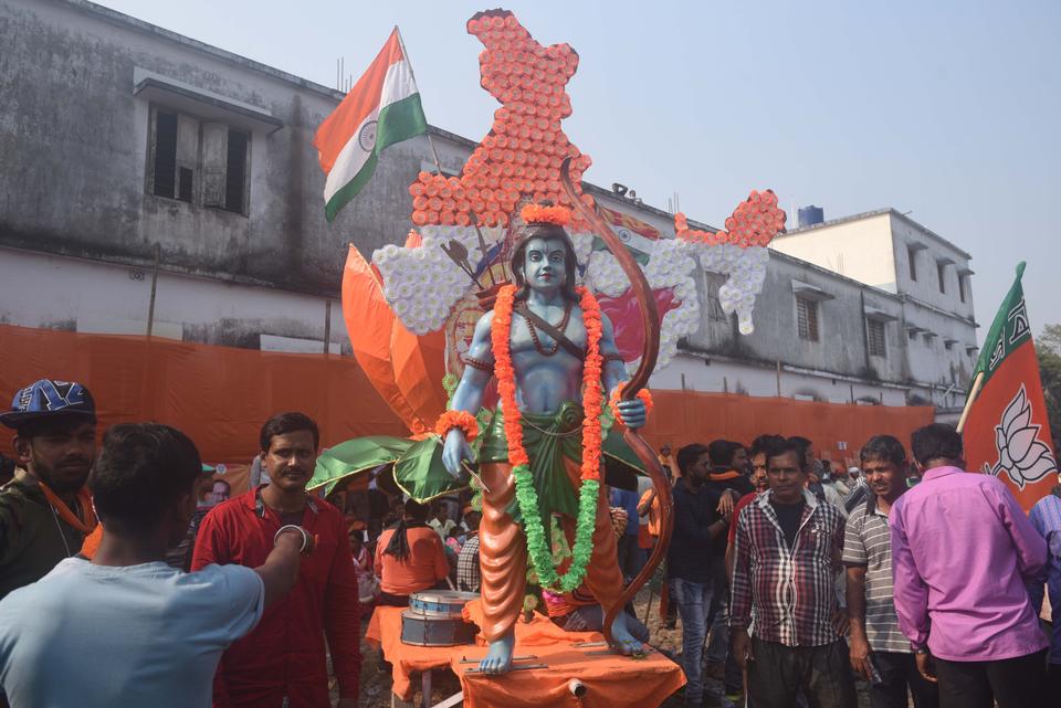 A tableau with India map and Hindu deity Ram during a BJP rally on February 11, 2021 in Thakurnagar, West Bengal.